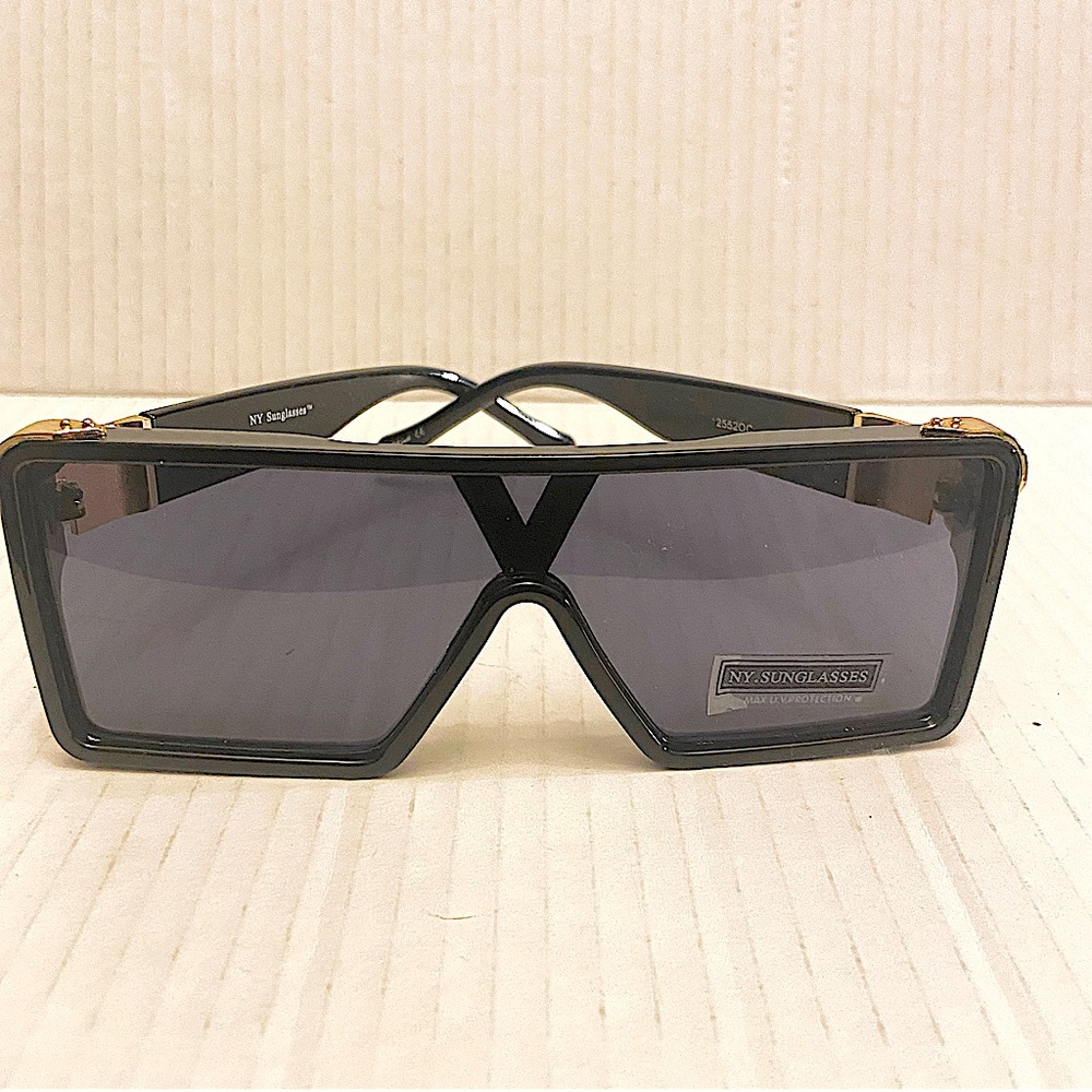 NY New York Black and Gold Rectangular Max UV Protection Sunglasses.